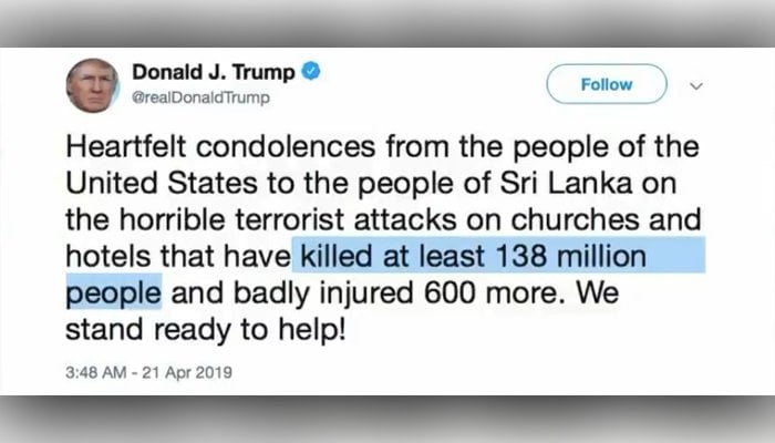 Trump claimde ten onrechte 138 miljoen mensen dood in zijn tweet over paasontploffing in Sri Lanka