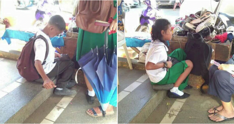 Broer en zus repareren schoenen voordat ze naar school gaan om geld te krijgen voor de lunch