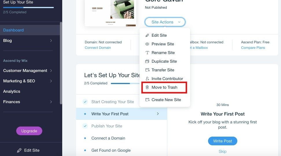 site actions move to trash