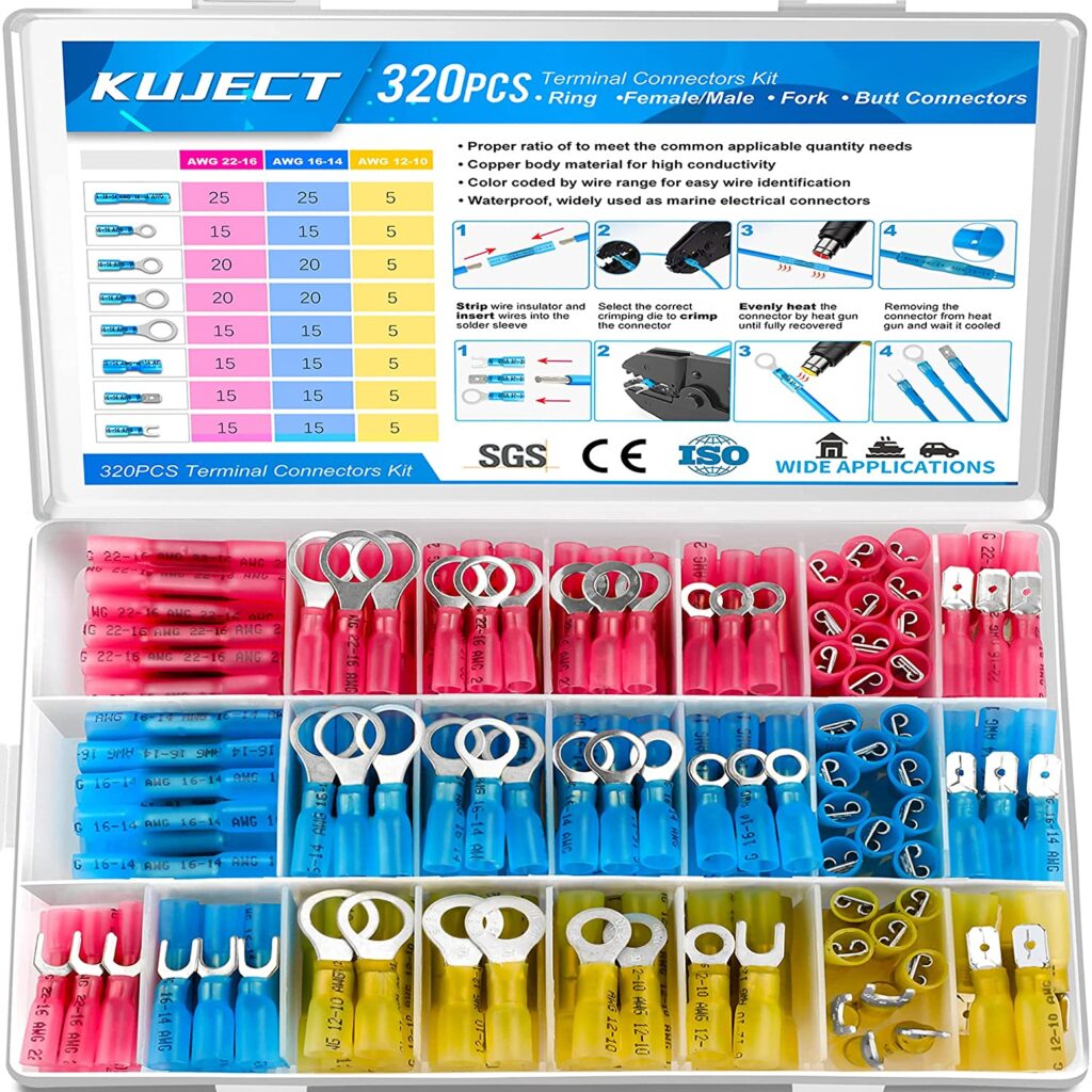 Kuject Heat Shrink Insulated Crimp Connectors Ring Fork Spade Butt Splices for Automotive