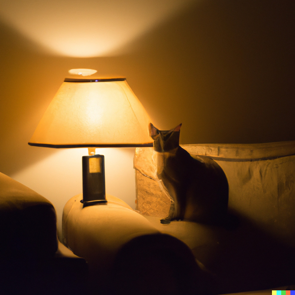 a cat sitting on a couch next to a lamp