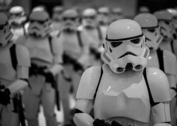selective focus photography of Star Wars Stormtroopers