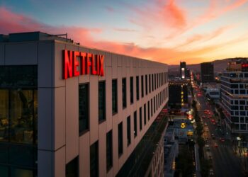 Netflix sign on a building at sunset in california
