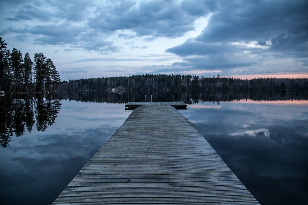 dock, lake, sunset