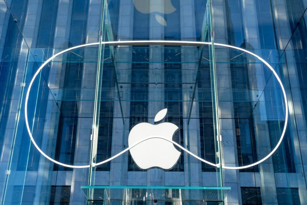 The Apple Vision Pro logo in the front of the iconic Apple Store Apple Fifth Avenue, in New York.