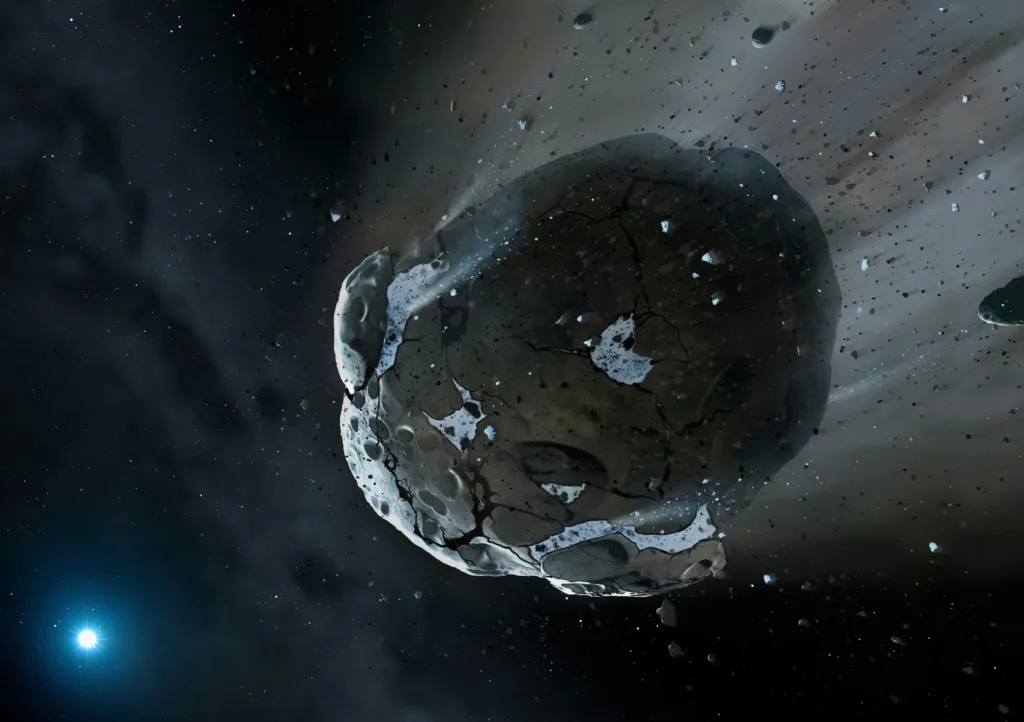 Artist's View of Watery Asteroid in White Dwarf Star System GD 61 Caption This is an artist's impression of a rocky and water-rich asteroid being torn apart by the strong gravity of the white dwarf star GD 61. Similar objects in our solar system likely delivered the bulk of water on Earth and represent the building blocks of the terrestrial planets. Credits Artwork: NASA, ESA, M.A. Garlick (space-art.co.uk), University of Warwick, and University of Cambridge; Science: NASA, ESA, J. Farihi (University of Cambridge), B. Gänsicke (University of Warwick), and D. Koester (University of Kiel)