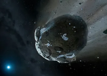 Vue d'artiste d'un astéroïde aqueux dans le système stellaire nain blanc GD 61 Légende Il s'agit d'une impression d'artiste d'un astéroïde rocheux et riche en eau déchiré par la forte gravité de l'étoile naine blanche GD 61. Des objets similaires dans notre système solaire ont probablement livré la majeure partie de l'eau sur Terre et représentent les éléments constitutifs des planètes telluriques. Crédits Illustration : NASA, ESA, MA Garlick (space-art.co.uk), Université de Warwick et Université de Cambridge ; Sciences : NASA, ESA, J. Farihi (Université de Cambridge), B. Gänsicke (Université de Warwick) et D. Koester (Université de Kiel)