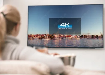 Grote moderne tv met 4 k-resoluties en jonge vrouw op de voorgrond kijken naar wat video