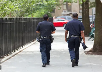 Zwei Polizisten von hinten im Zentrum von Manhattan.