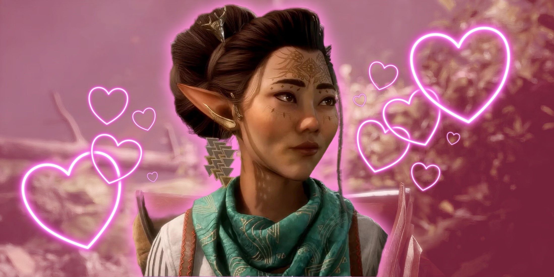 Bellara Lutare from Dragon Age The Veilguard with hearts around it