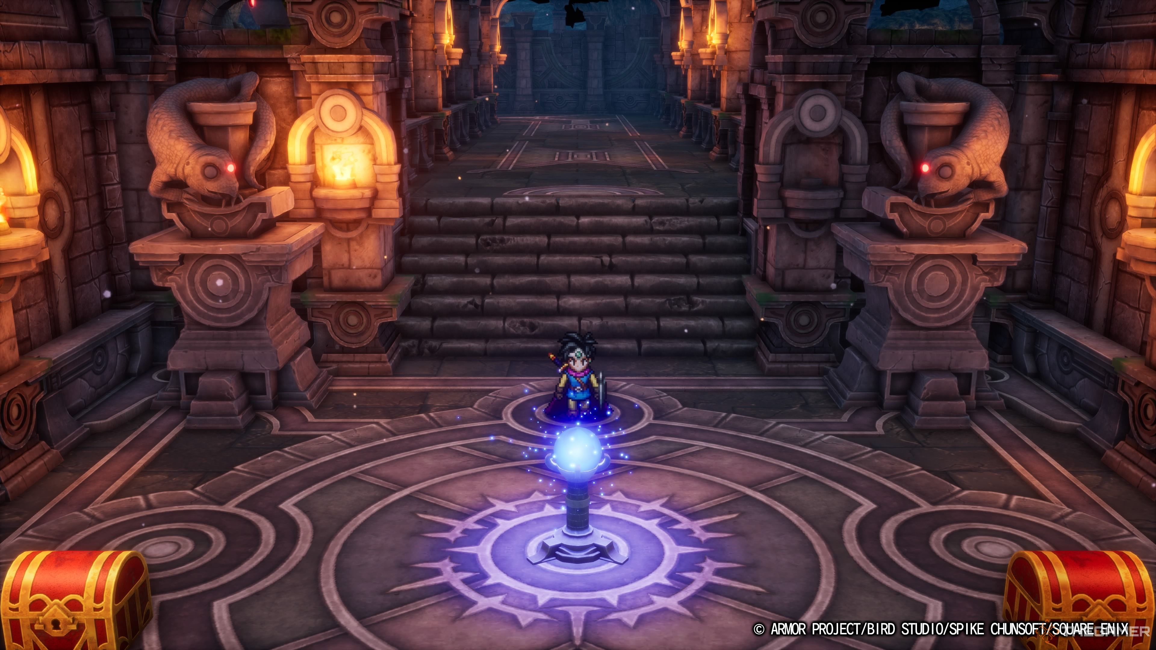 DRAGON QUEST III HD-2D Remake the hero approaching the glowing blue orb in Gaia's Navel.