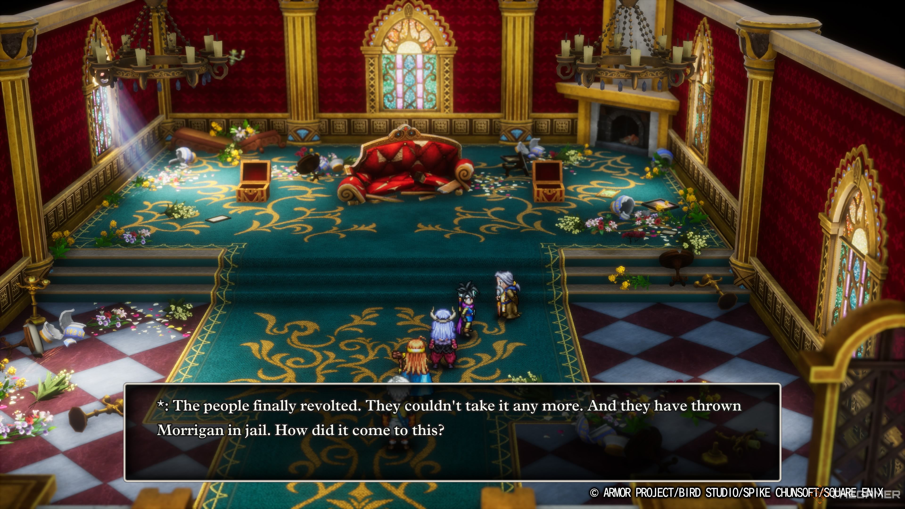 An image from DRAGON QUEST III HD-2D Remake showing the old man informing you of the rebellion and the Merchant's imprisonment.