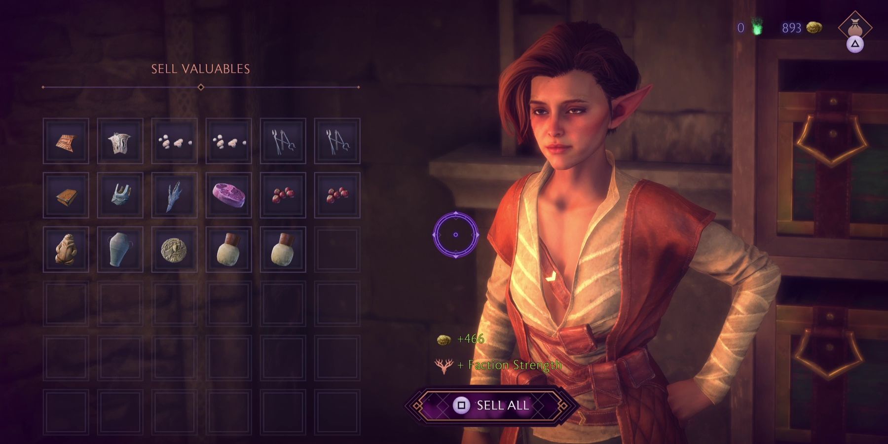 A player selling valuables to a merchant in Dragon Age: The Veilguard.