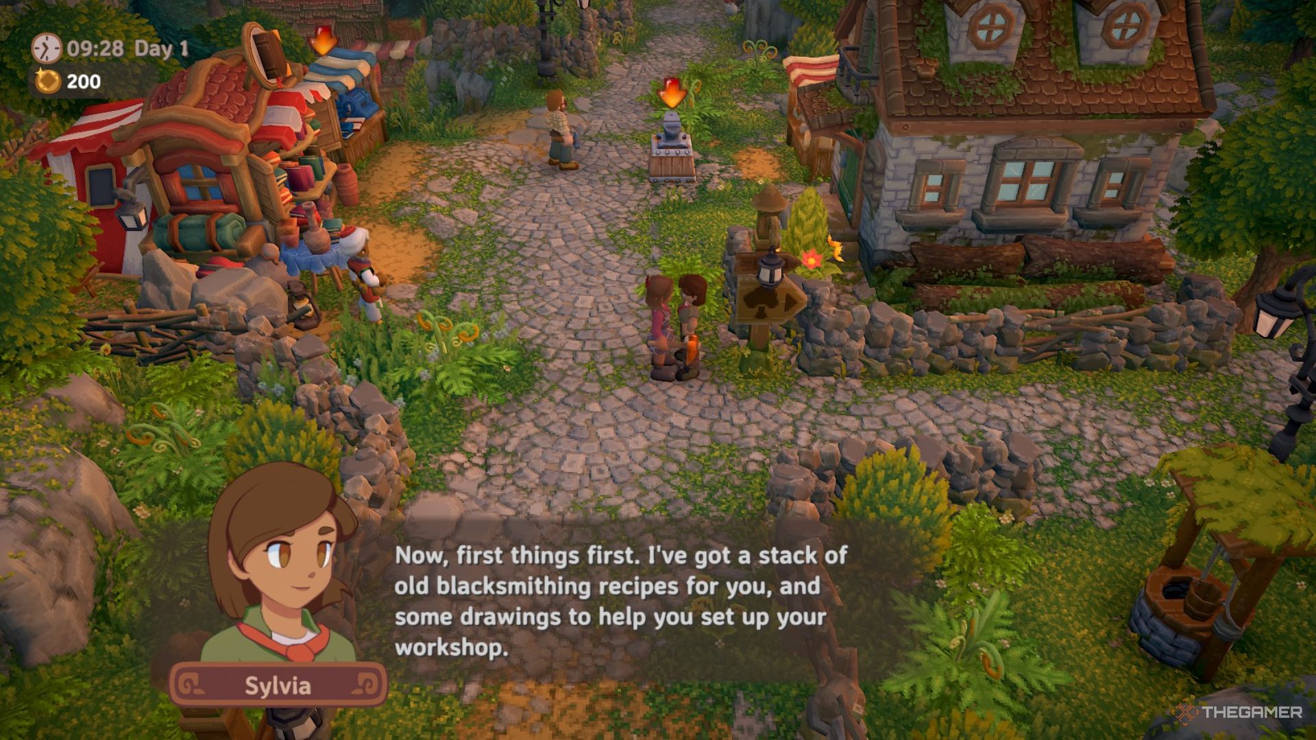 Player character meeting Sylvia, the local blacksmith, and receiving drawings from her in Luma Island.