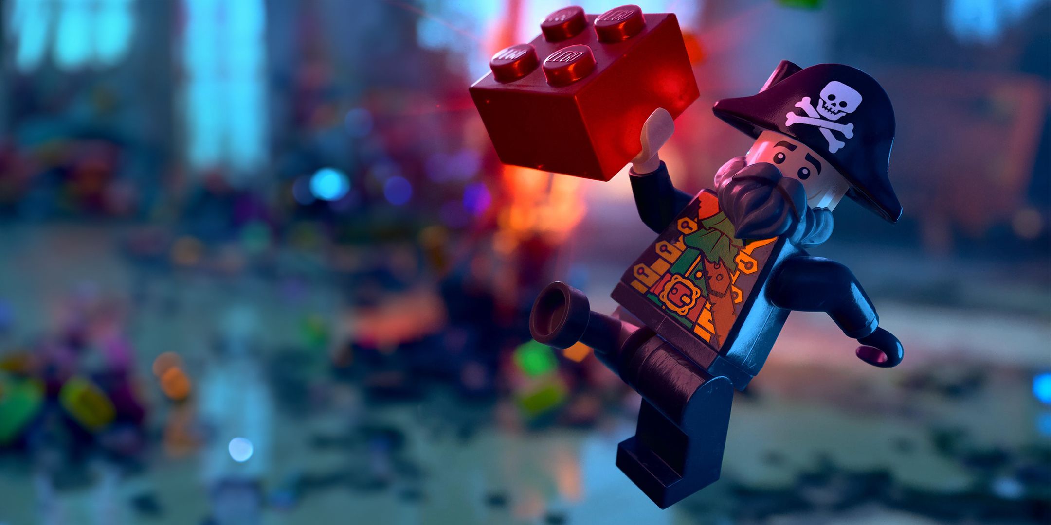 Lego Horizon Adventures character holding a red brick while dressed as a pirate.