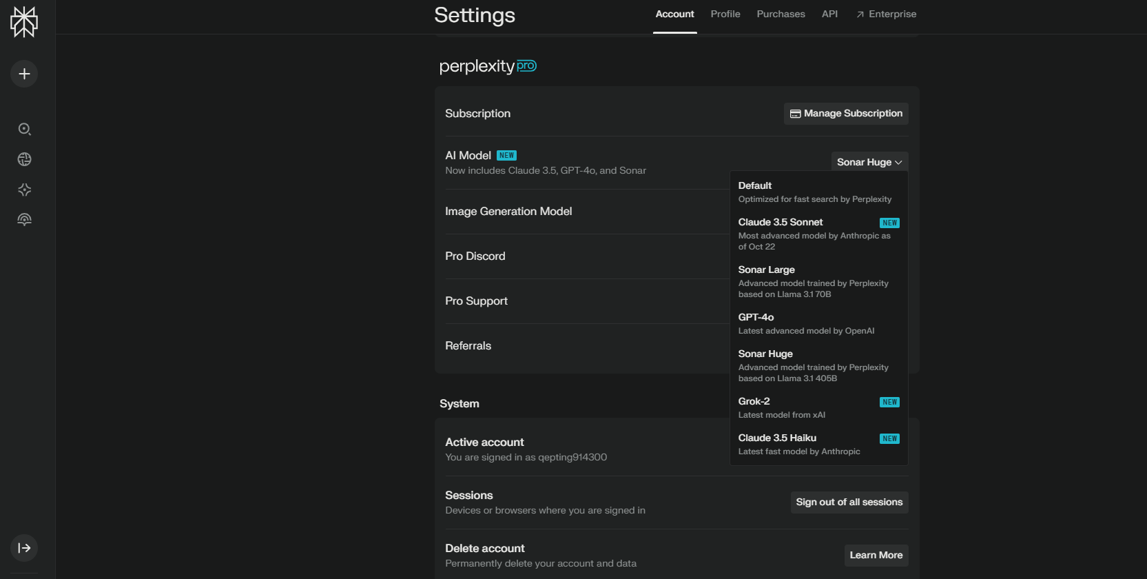 Settings displaying Perplexity Pro model options.
