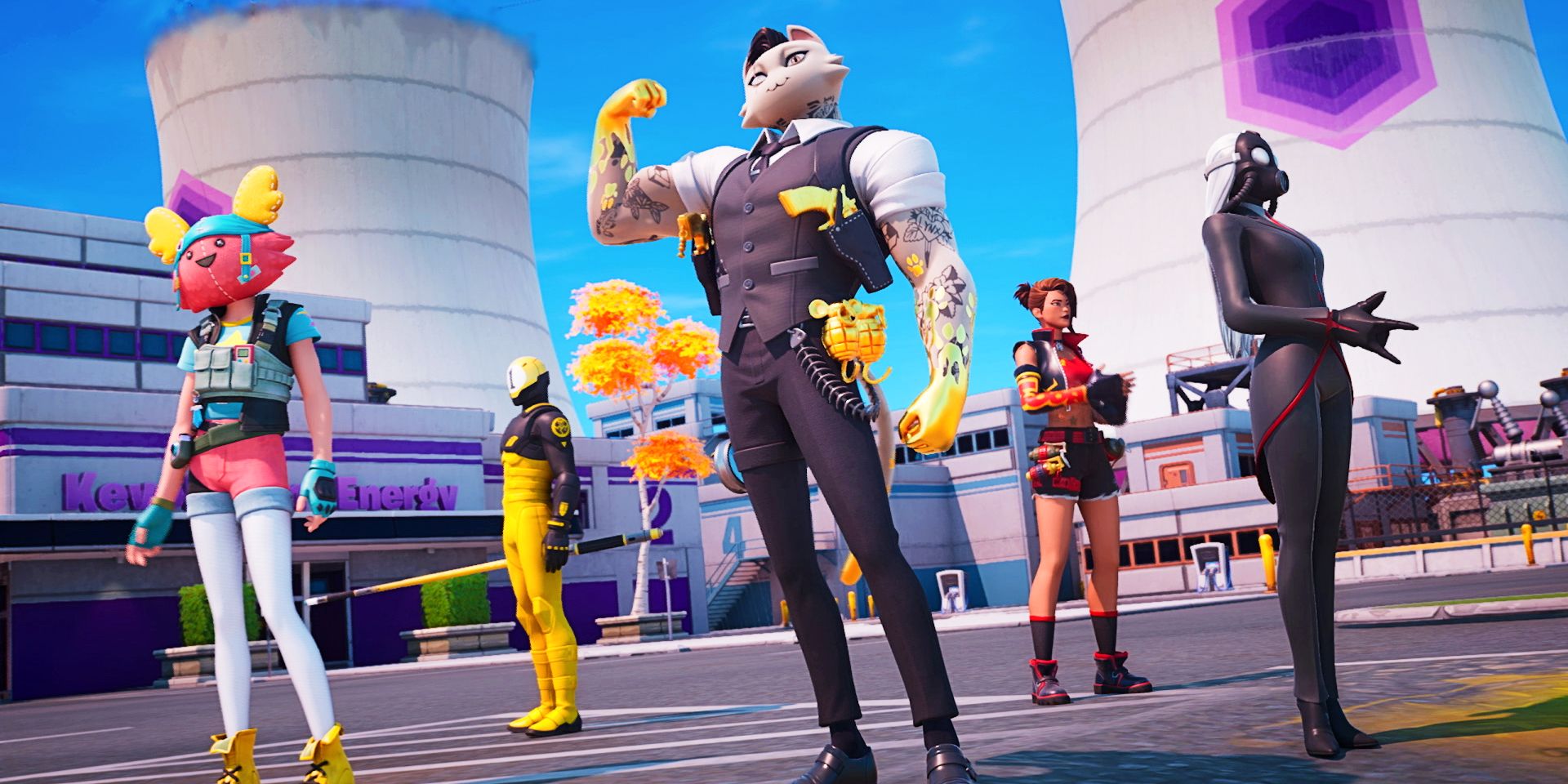 A group of Fortnite characters standing on a city street.