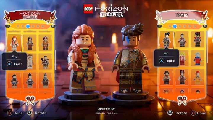 Aloy and Varl customizing their outfits in Lego Horizon Adventures.