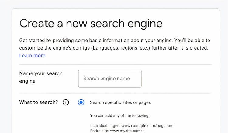 Creating a Google Custom Search engine; Name and sources