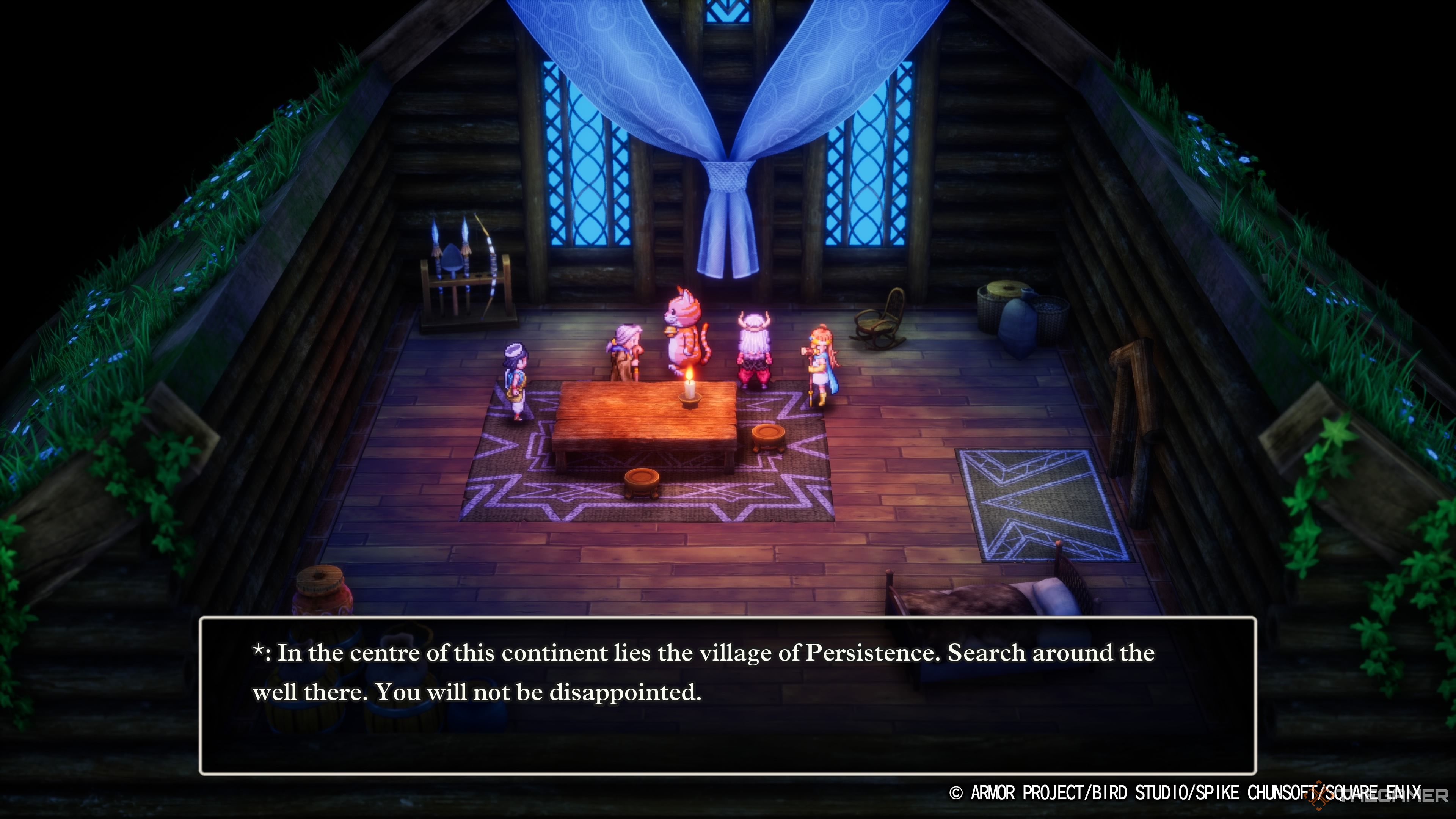 An image from DRAGON QUEST III HD-2D Remake showing an elder guiding the hero to explore the town.