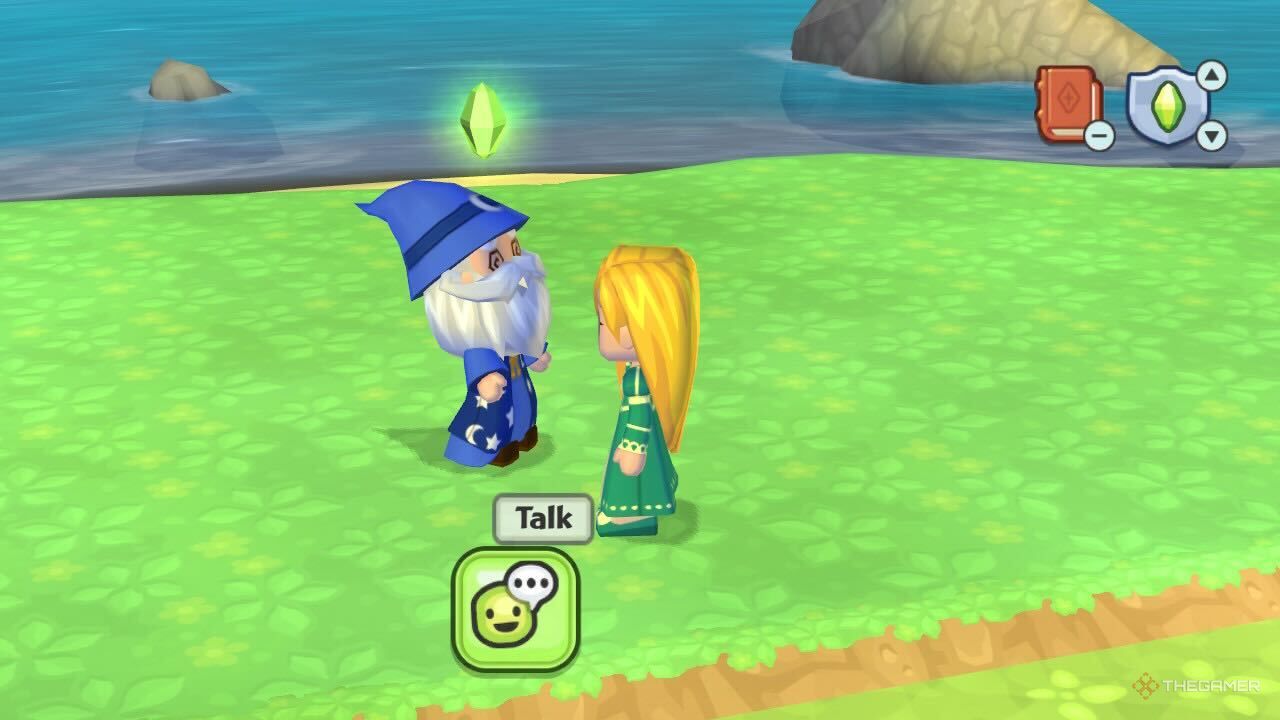 A Sim in front of a wizard in MySims Kingdom.