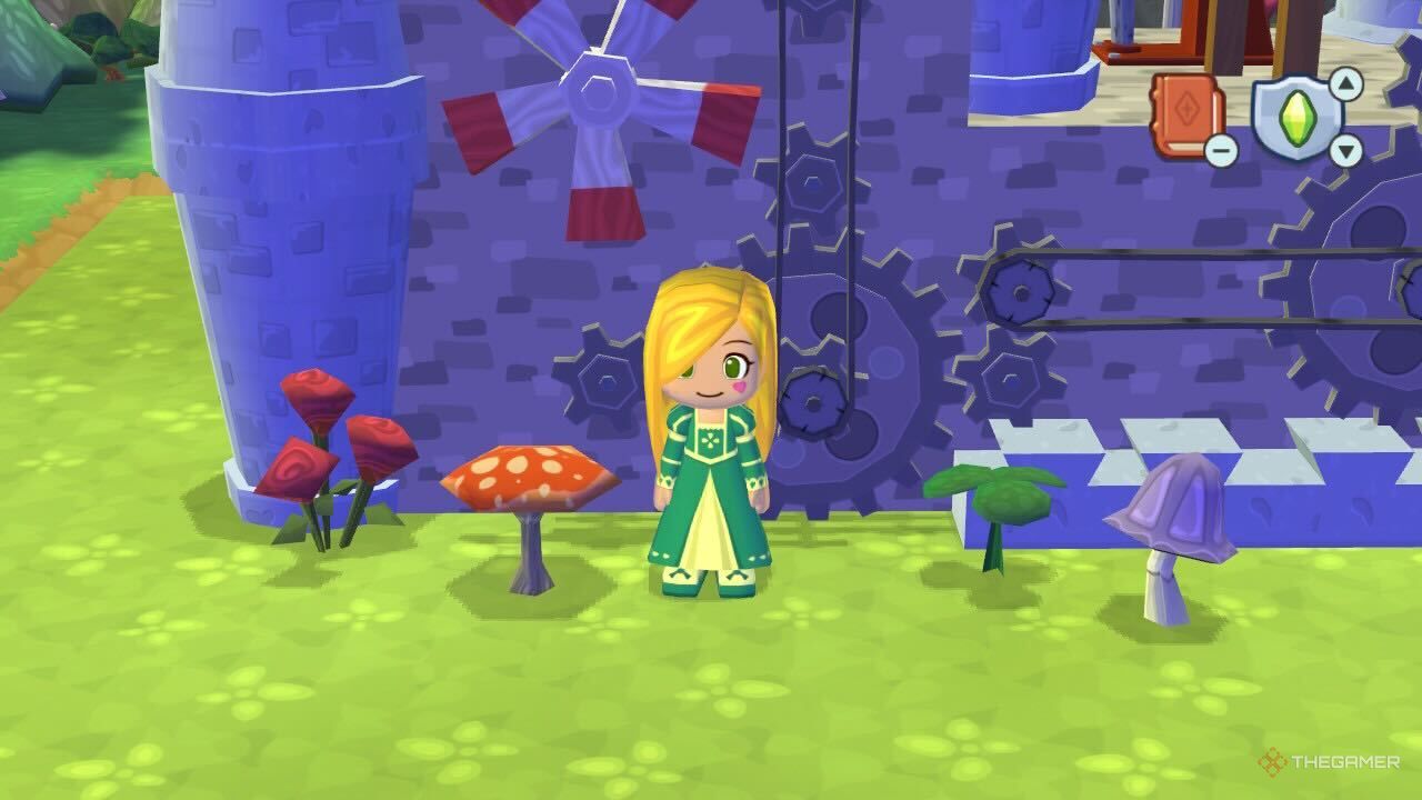 A Sim in front of a red mushroom in MySims Kingdom.