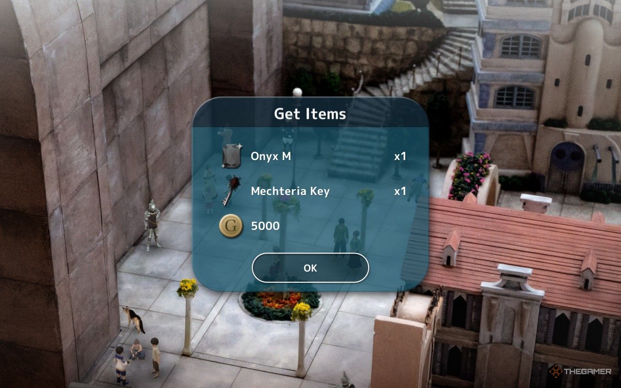 A reward of an onyx m, mechteria key, and 5000 gold for completing the letter to a friend quest in fantasian neo dimension.