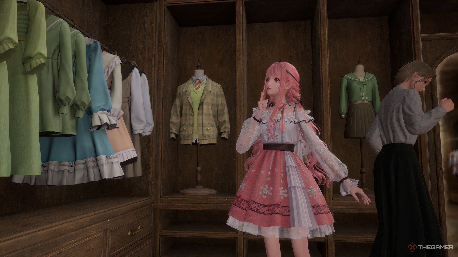 Infinity Nikki looking at clothing on shelves.