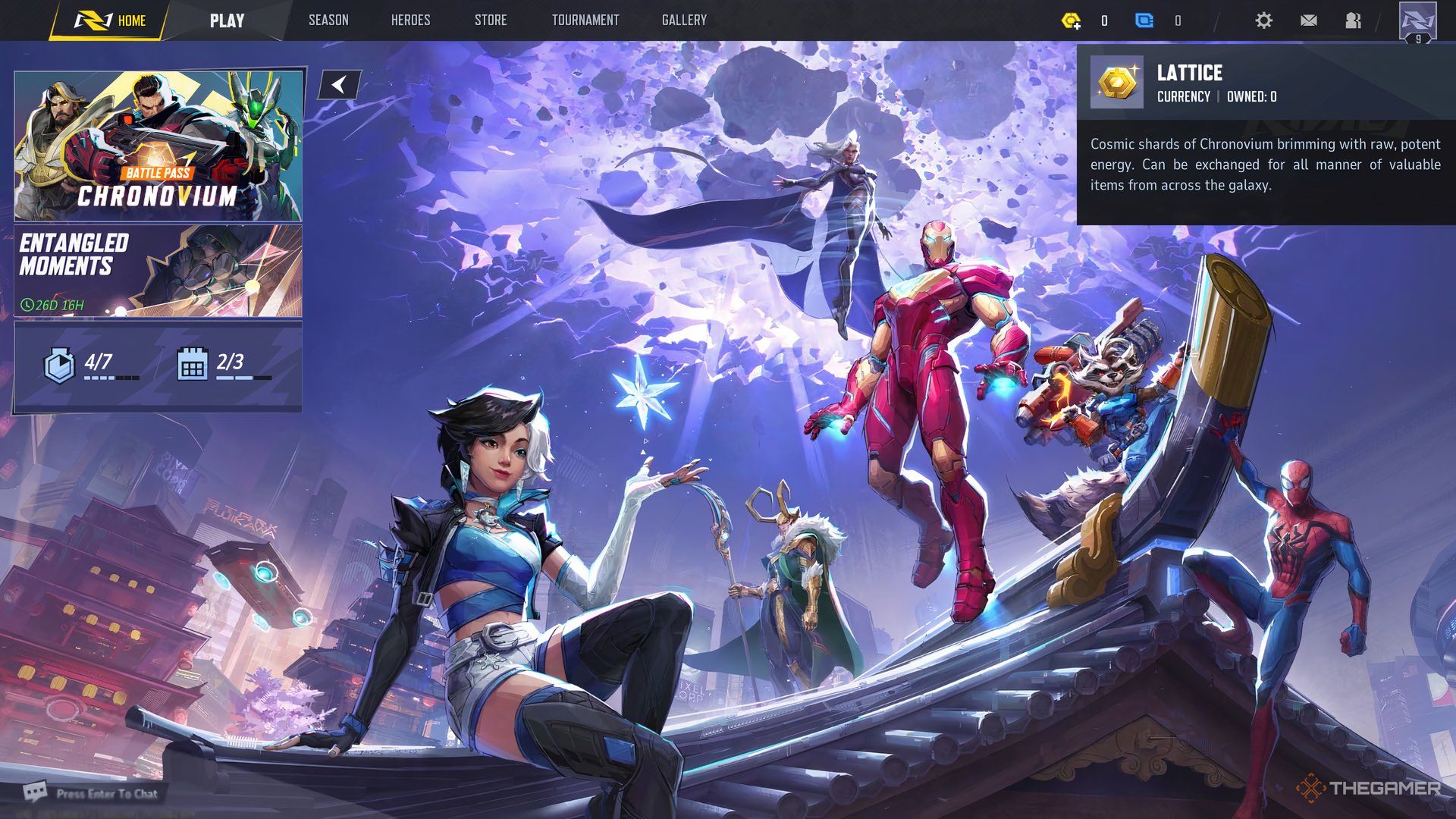 The Marvel Rivals main menu showing Lattice currency.