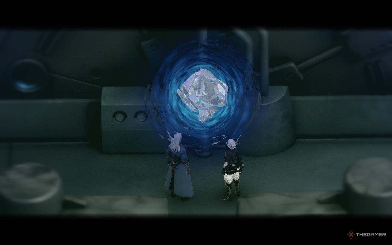 Leo and Zinikr near a large voice crystal in Fantasian Neo Dimension.