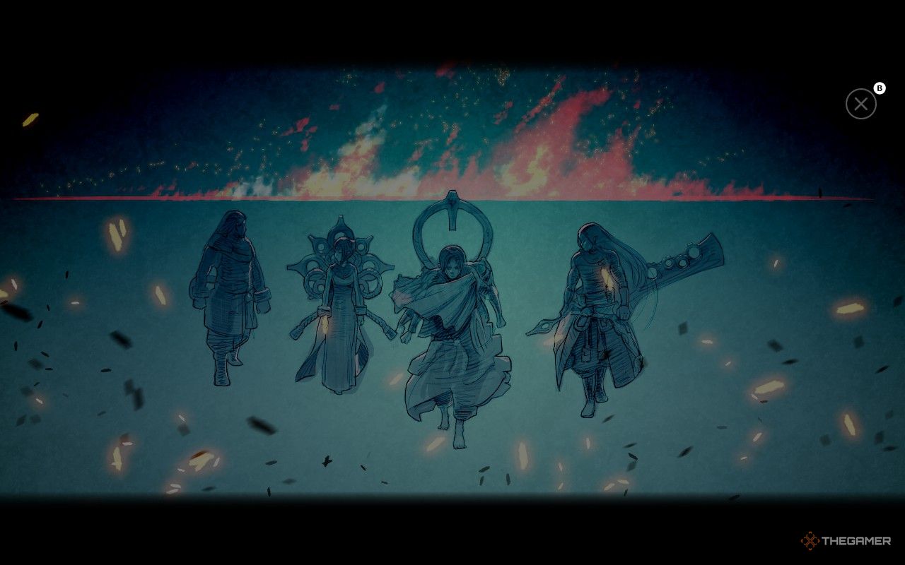 Vam, Taros, Jas, and Yim emerging from flames in a storybook style in Fantasian Neo Dimension.