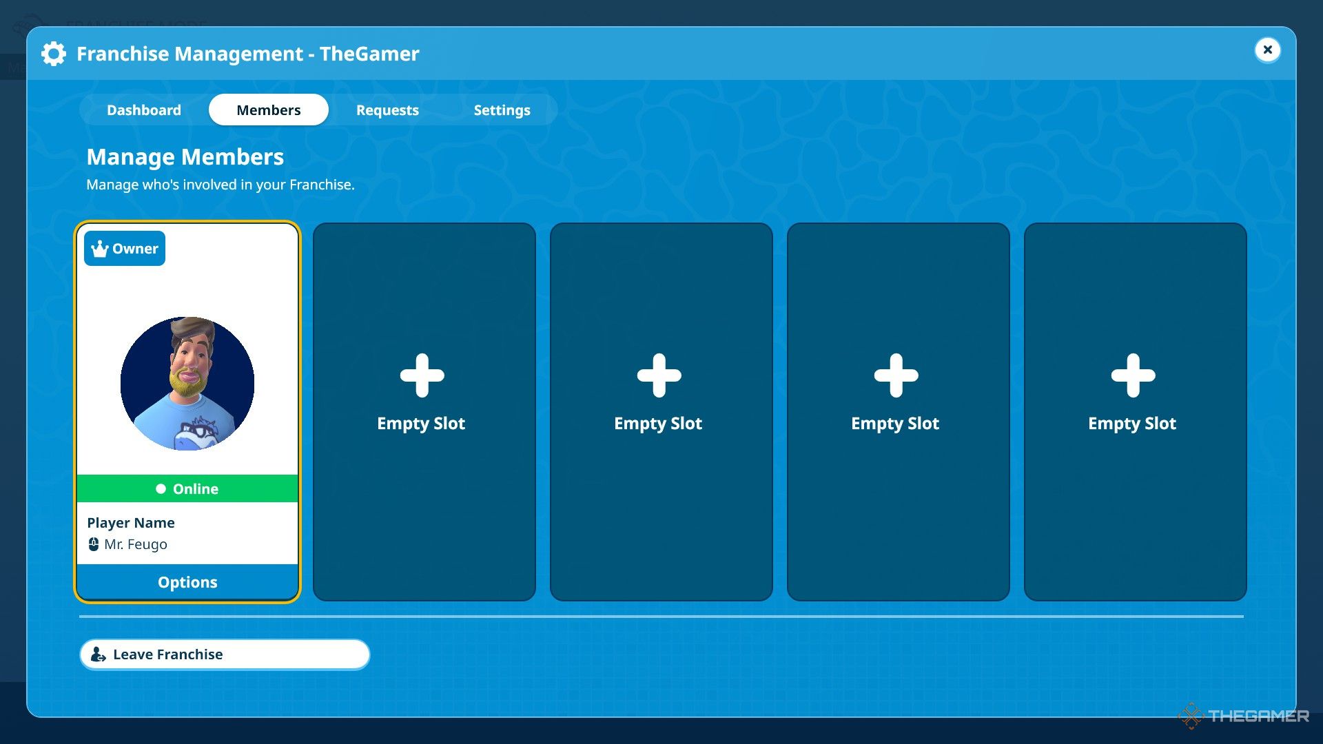 The player is reviewing members in Franchise Mode in Planet Coaster 2.