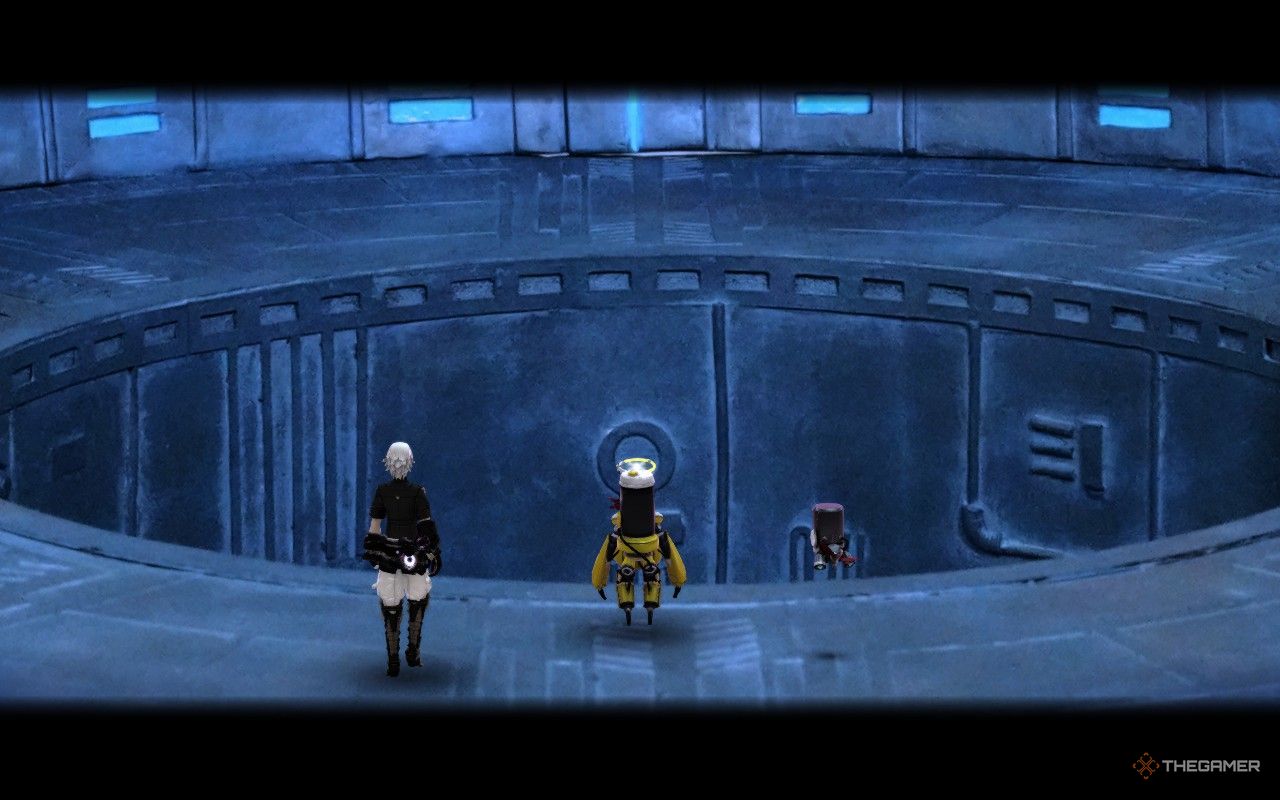 Leo, Prickle, and Clicker peering into the giant hole at the end of the Thaumatech Factory in Fantasian Neo Dimension.