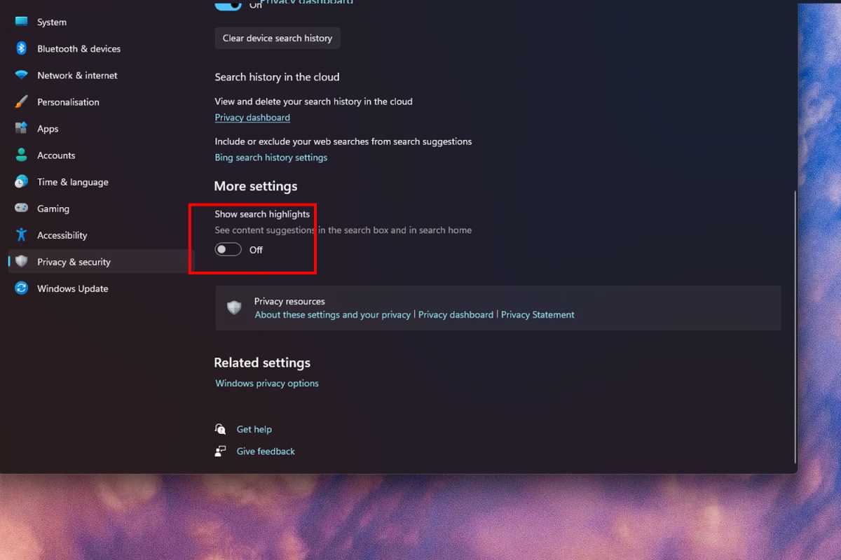 Screenshot to disable search highlight ads