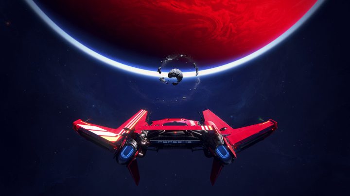 A ship soaring near a colossal red planet in Intergalactic: The Heretic Prophet.