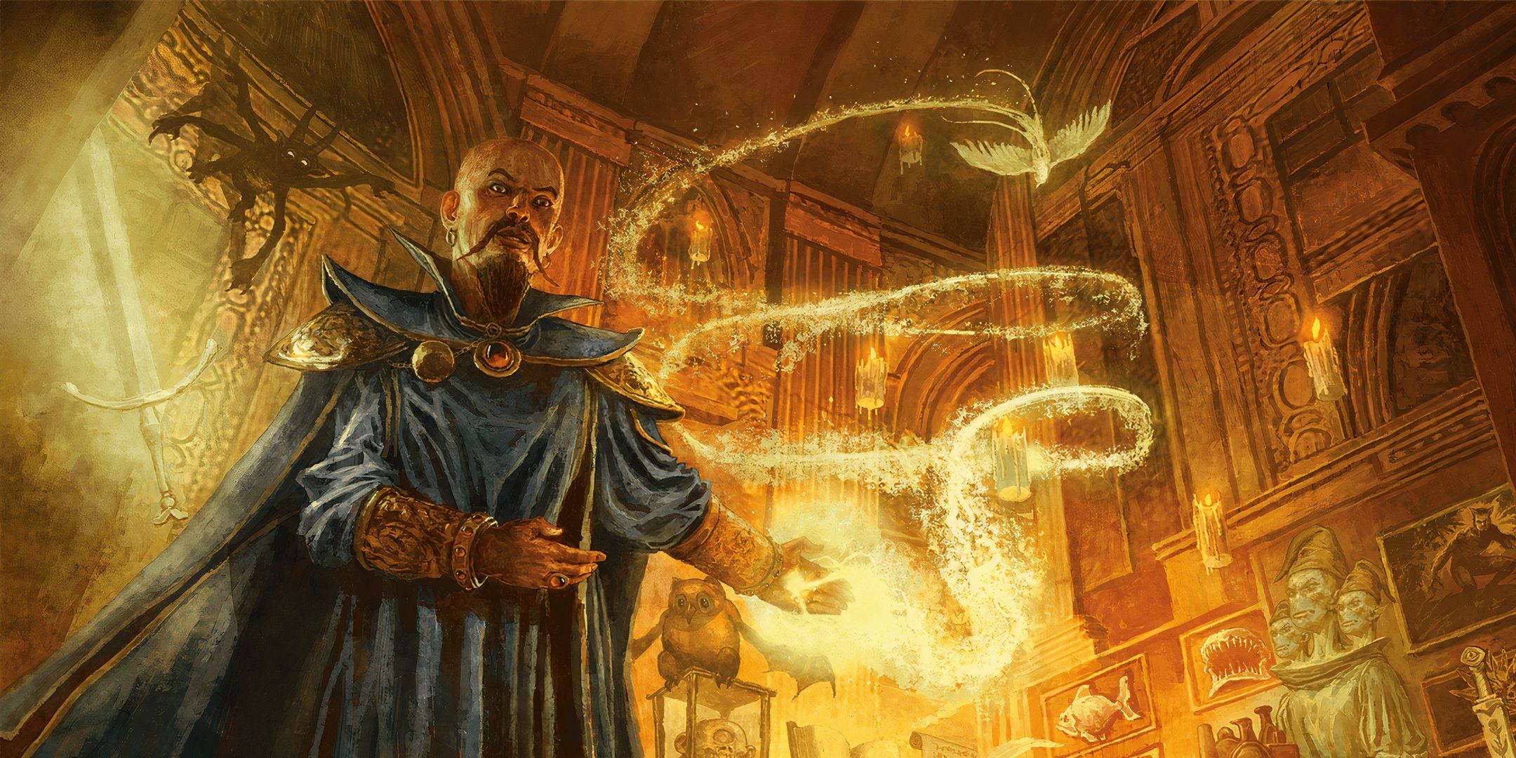 A wizard in blue robes conjuring a spell in his golden study in Dungeons & Dragons.