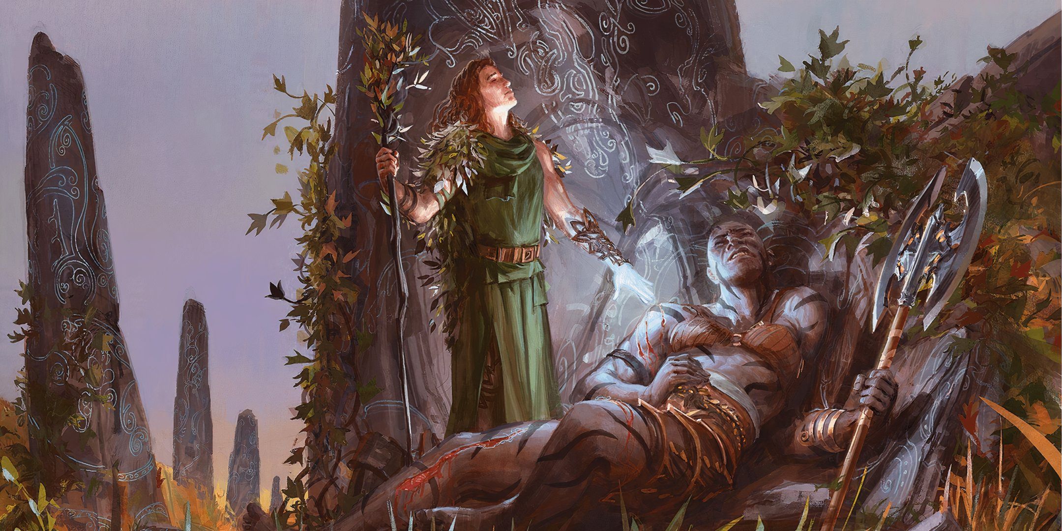 A druid casting lesser restoration on a fallen warrior in Dungeons & Dragons.