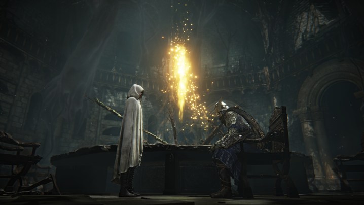 A knight seated in the roundtable hold in Elden Ring Nightreign.