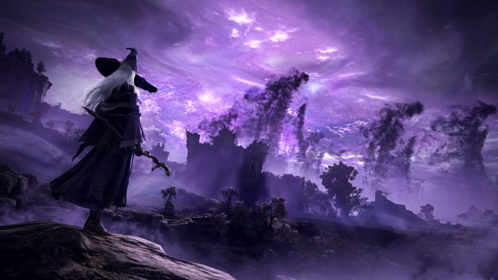 A mage observing a purple terrain in Elden Ring Nightreign.