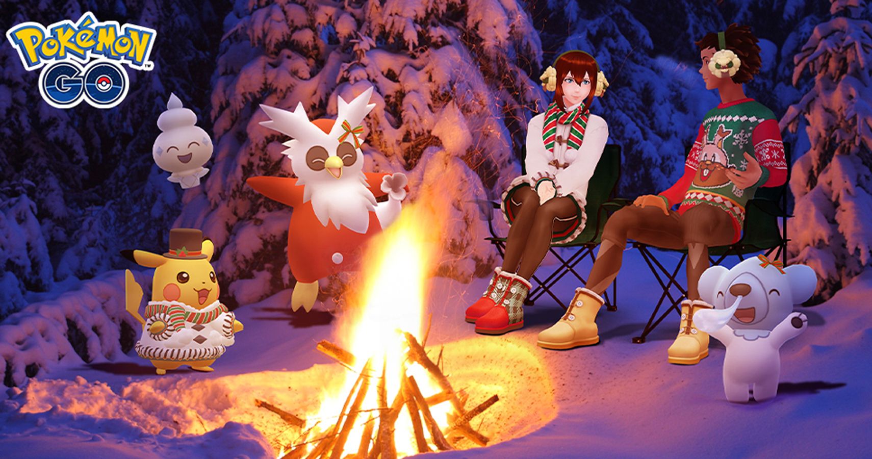 Various costumed Pokémon and two Pokémon Go trainers around a campfire