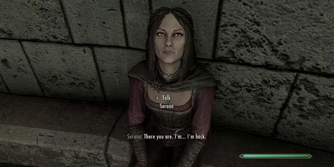 Serana talking with the Dragonborn at Fort Dawnguard in Skyrim.
