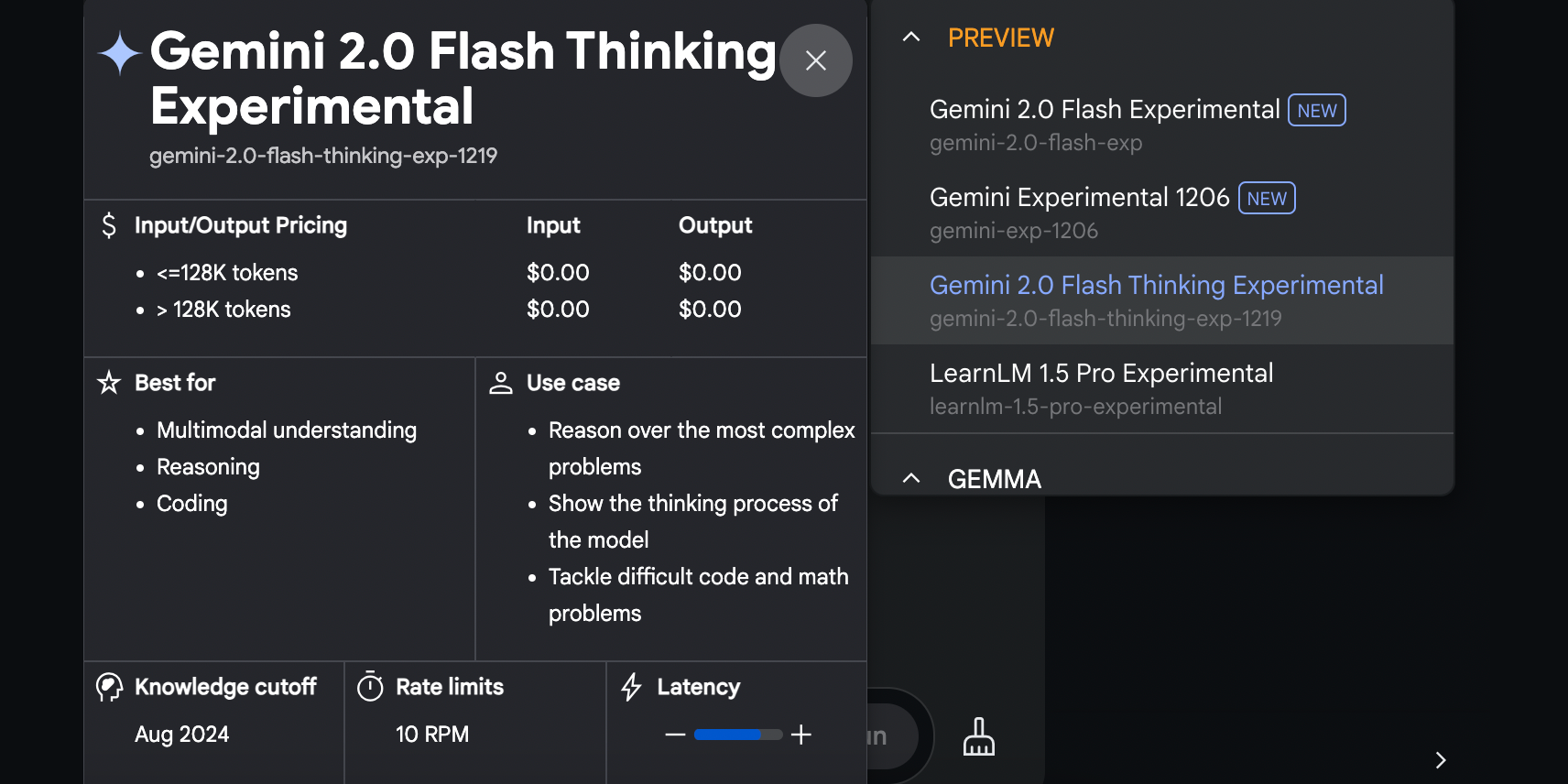 Specifications for Gemini 2.0 Flash Thinking Experimental, detailing rate limits and latency