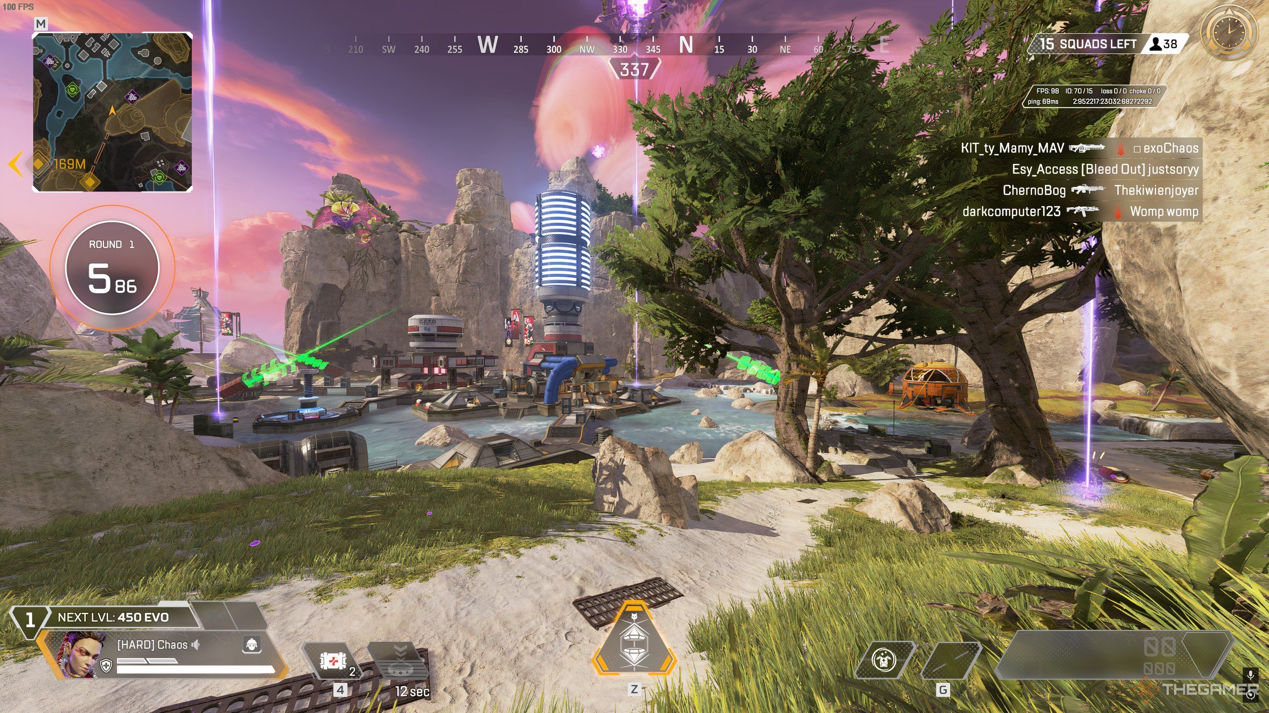 Three purple beacons indicating Rift Relics in Apex Legends.