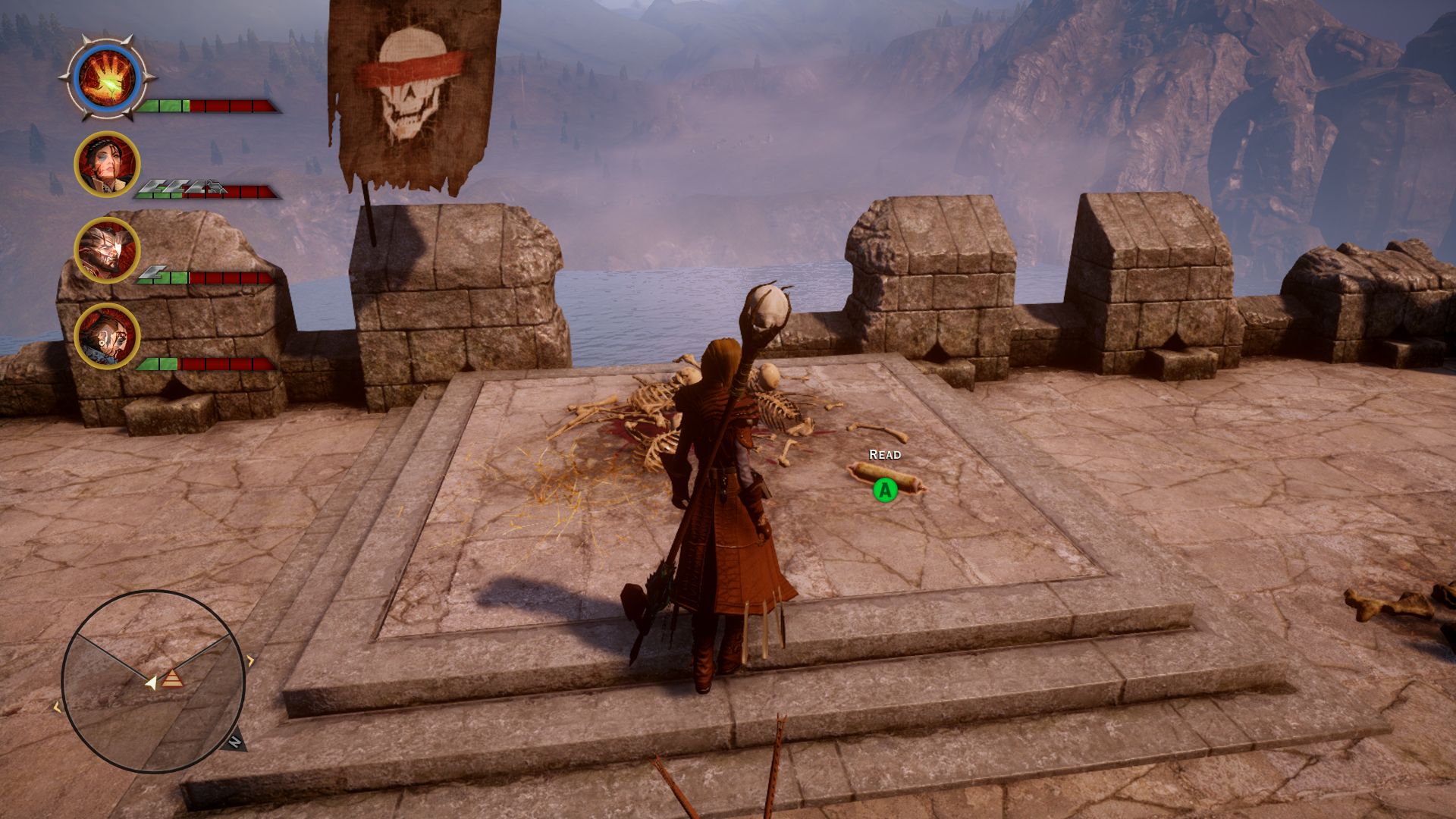 Dragon Age Inquisition screenshot of Inquisitor looking down at a scroll.