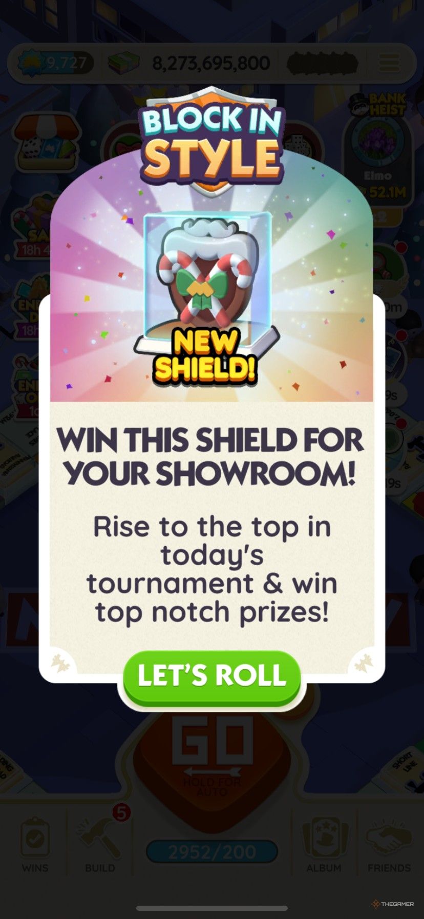 A candy cane Christmas shield available as a reward in Treat Quest in Monopoly Go.