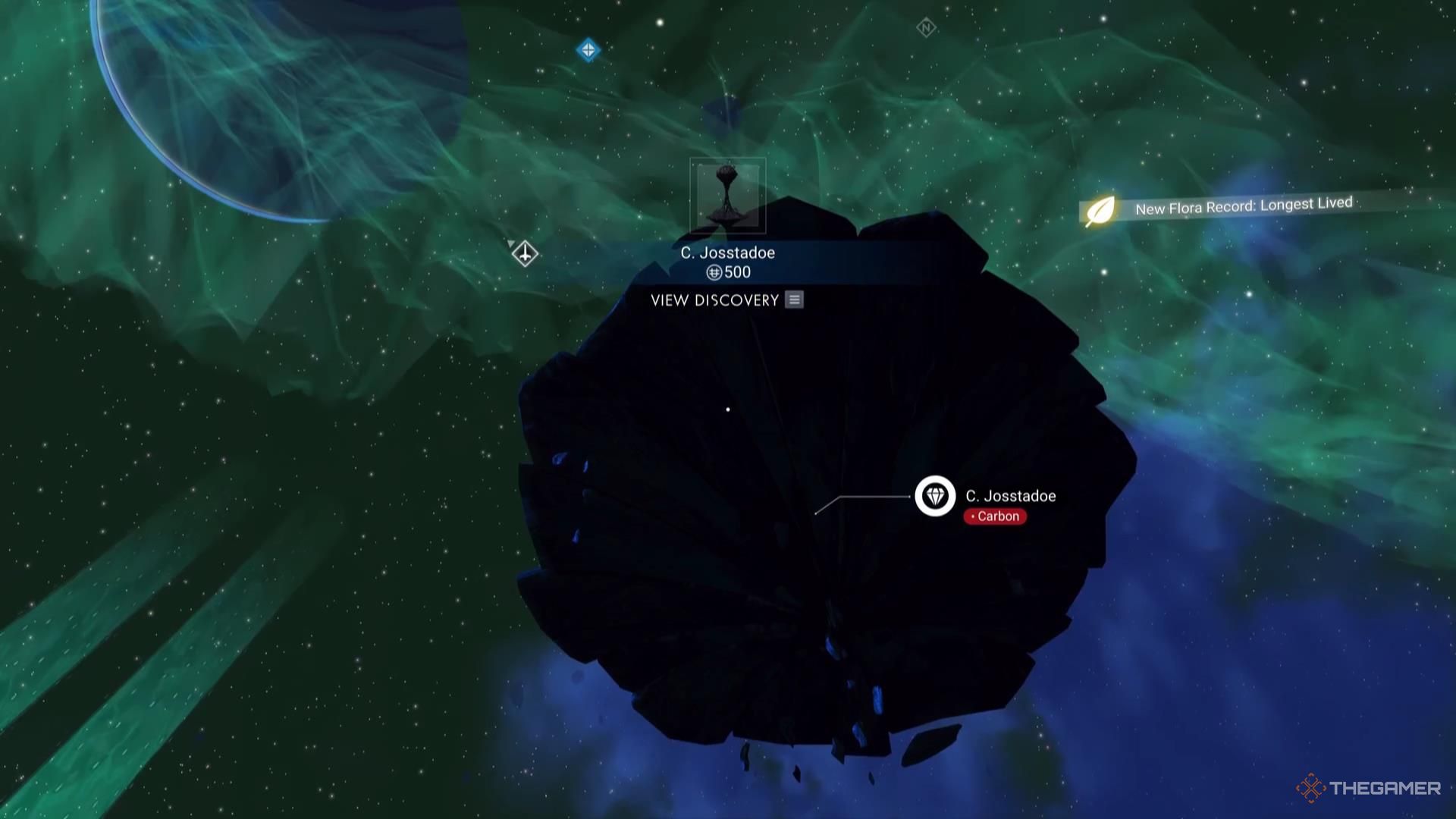 Gathering carbon from a peculiar metallic plant in No Man's Sky.