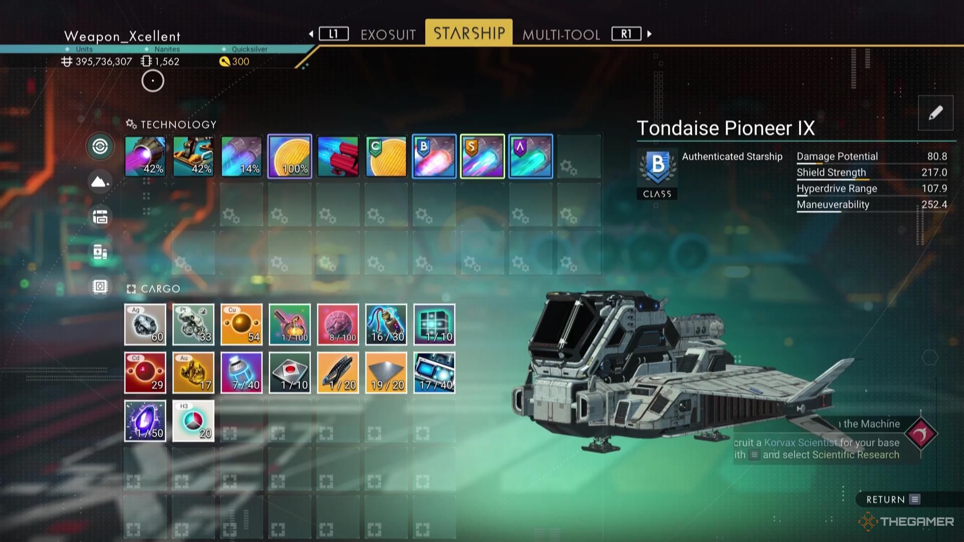 The player has over 1500 Nanite Clusters stored in No Man's Sky.