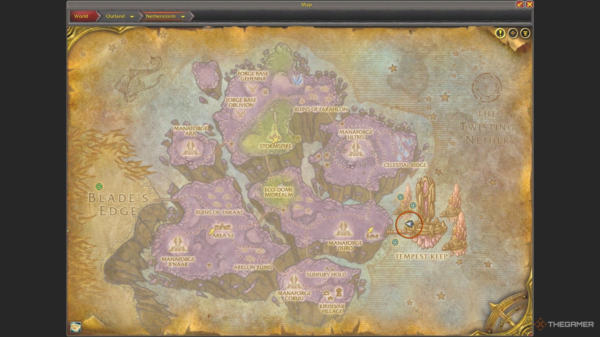 Map of Netherstorm with the entrance to The Eye highlighted in orange.