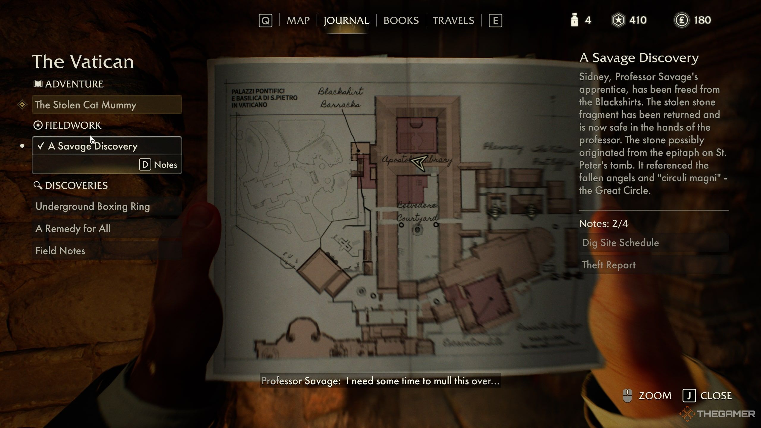 The player accessing their journal to view the Field Work side quests in Indiana Jones and The Great Circle.