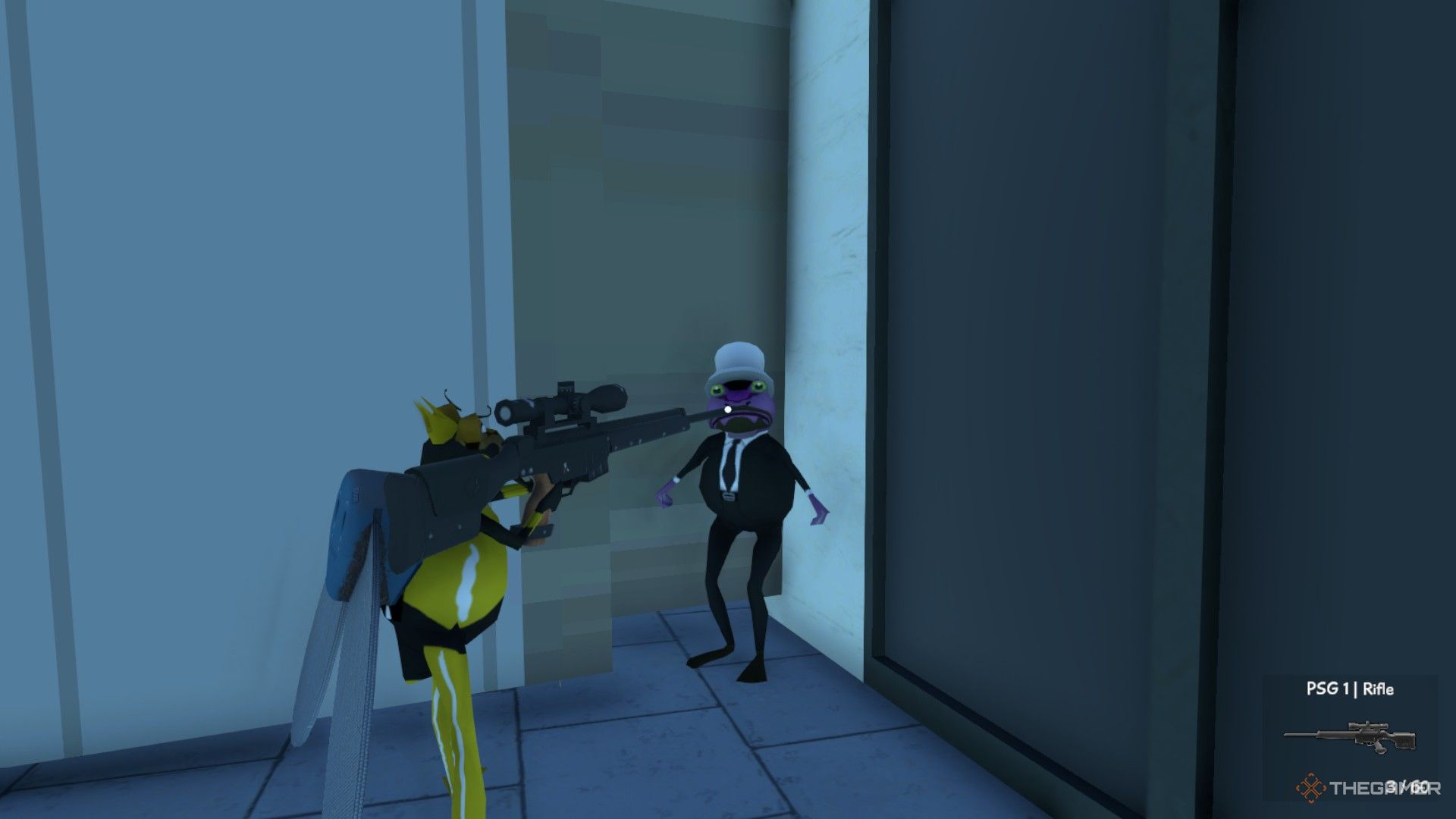 The player is aiming to eliminate a businessman in Amazing Frog.